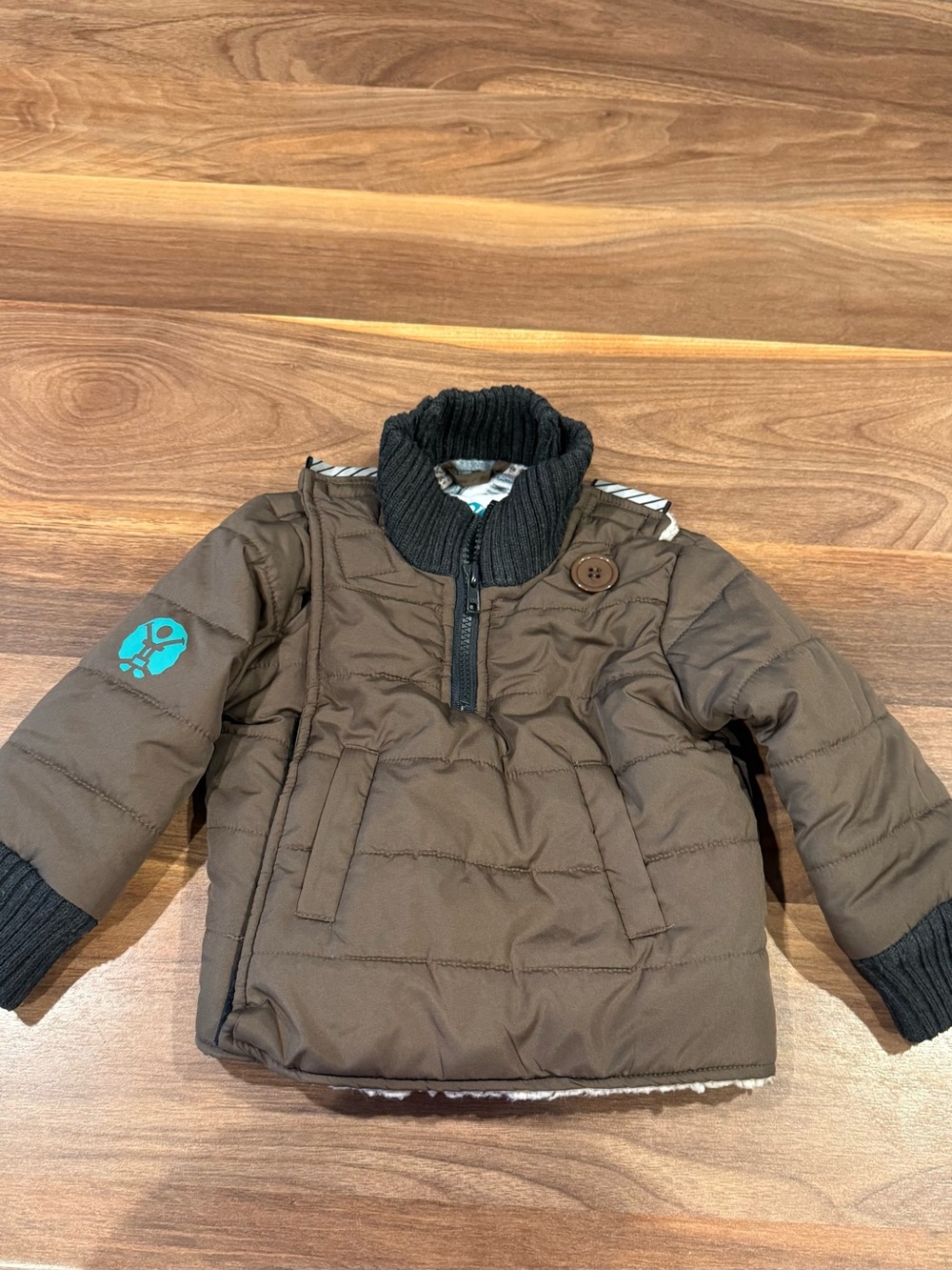 Buckle Me Brown Quilted Kids Pullover Jacket with Black Rib Collar